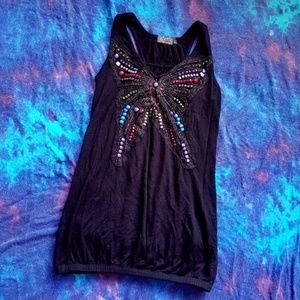 Beaded Butterfly Tank Top Black, Small